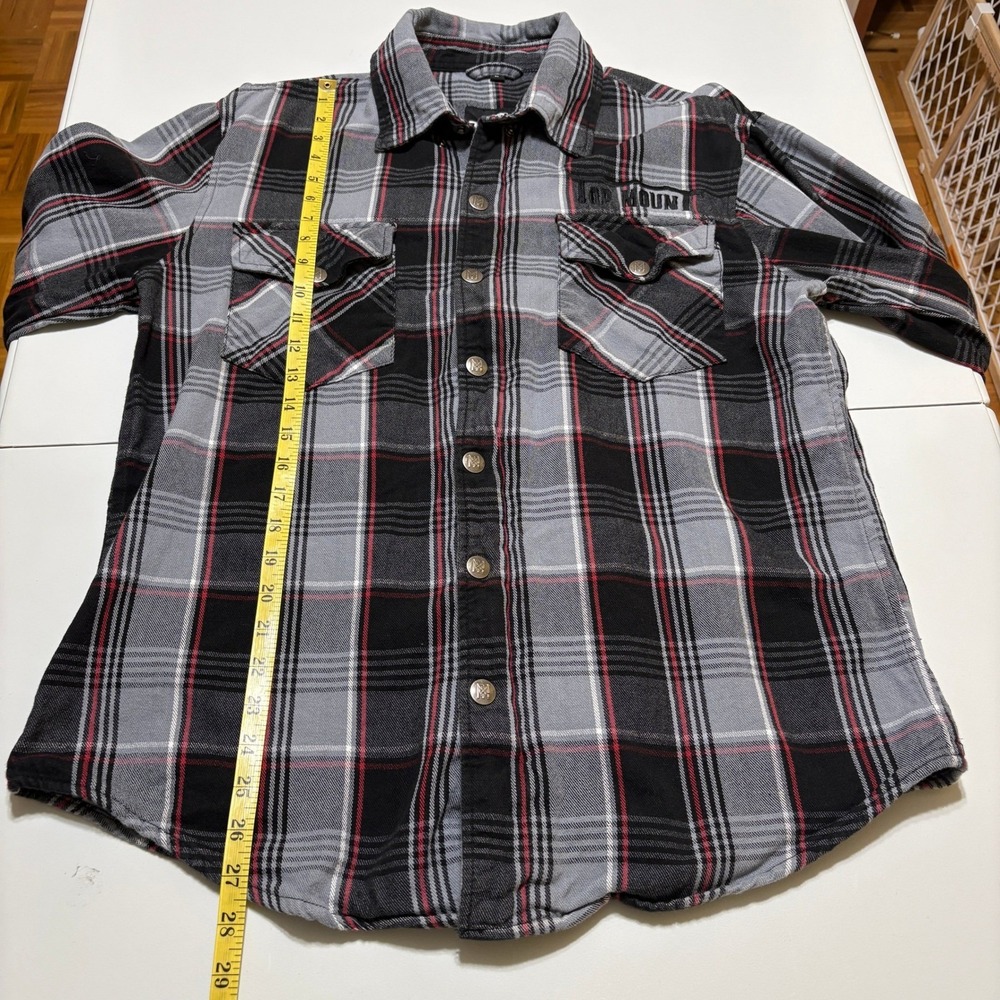 Top Mount Mens Full Zip Snap Grappler Flannel Shirt Size L Black Red Plaid Biker - Picture 9 of 16